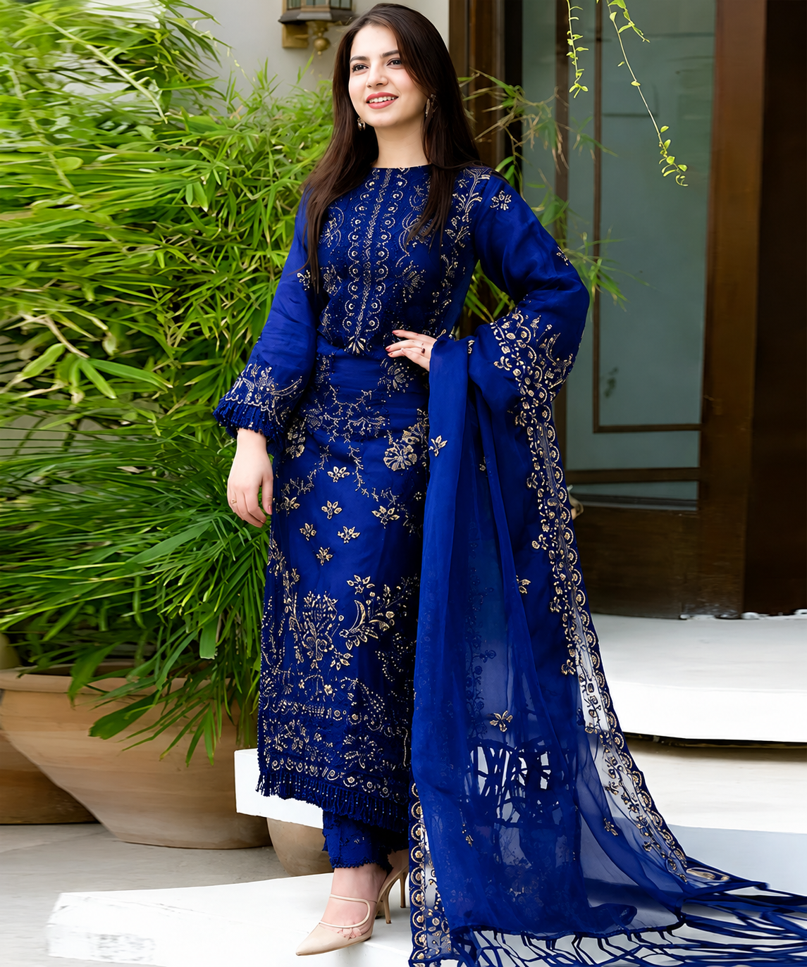 Lawn 3PC Embroidered Shirt with Organza Embroidered Dupatta- 5012 ROYAL BLUE