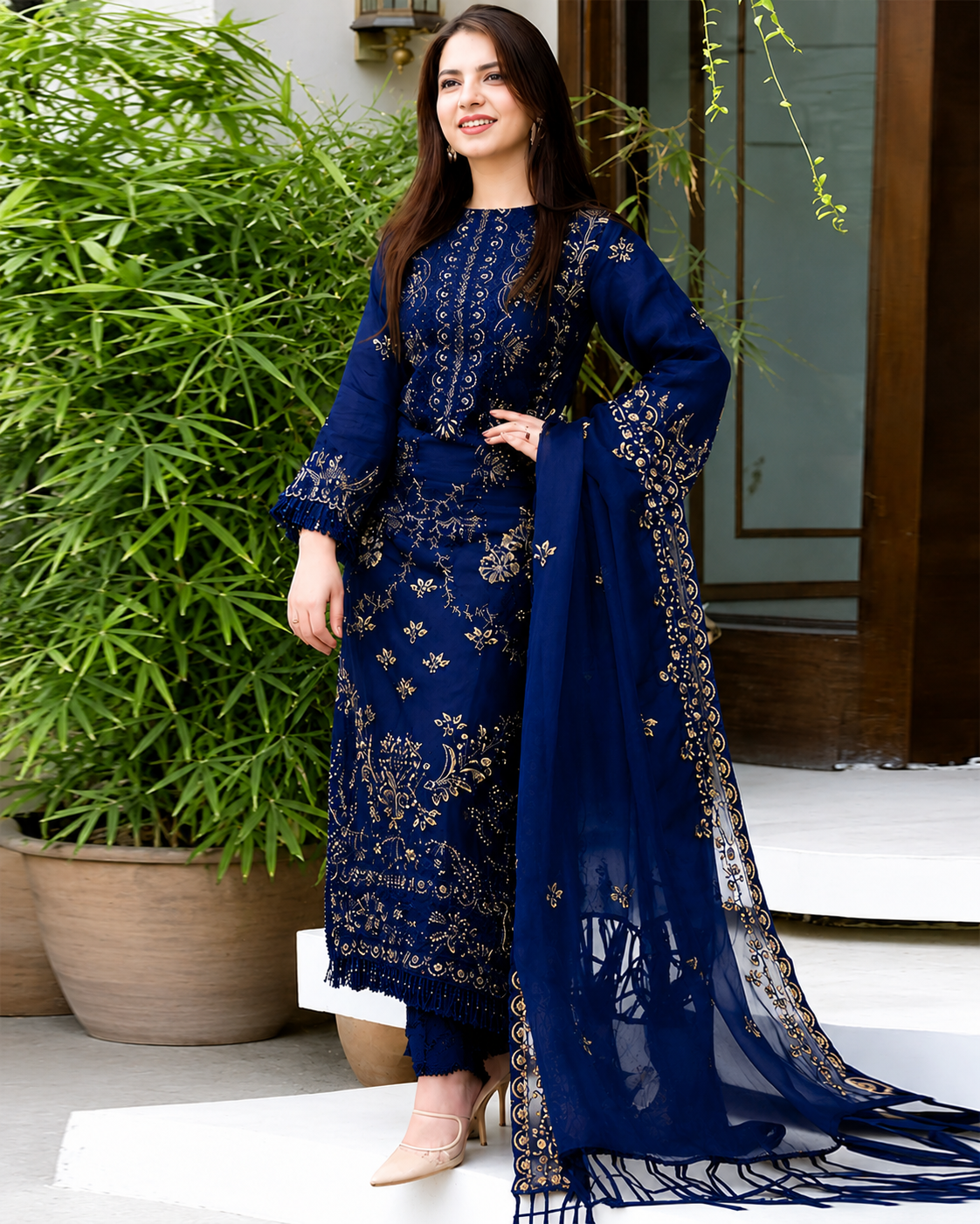 Lawn 3PC Embroidered Shirt with Organza Embroidered Dupatta- 5012 Nave Blue