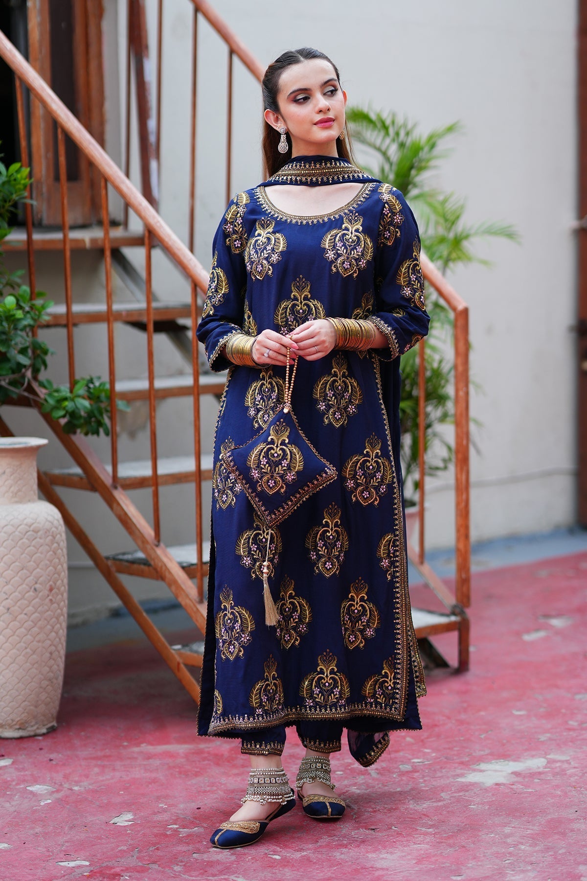Navy Blue Embroidered 3PC Suit – Premium Festive Collection AJS-1029