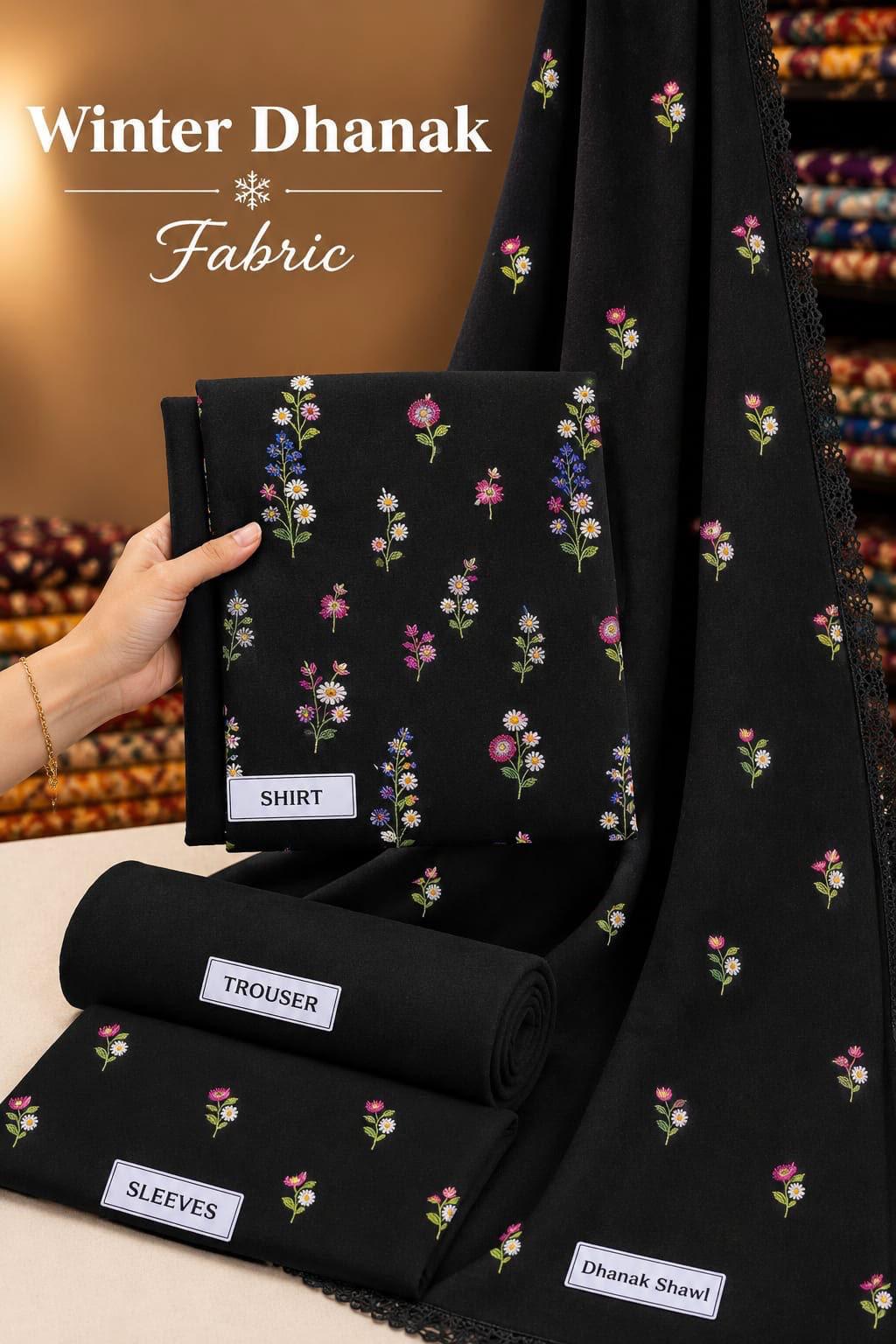 Indian Booti Dhanak Embroidered 3-Piece Un-Stiched (Black)