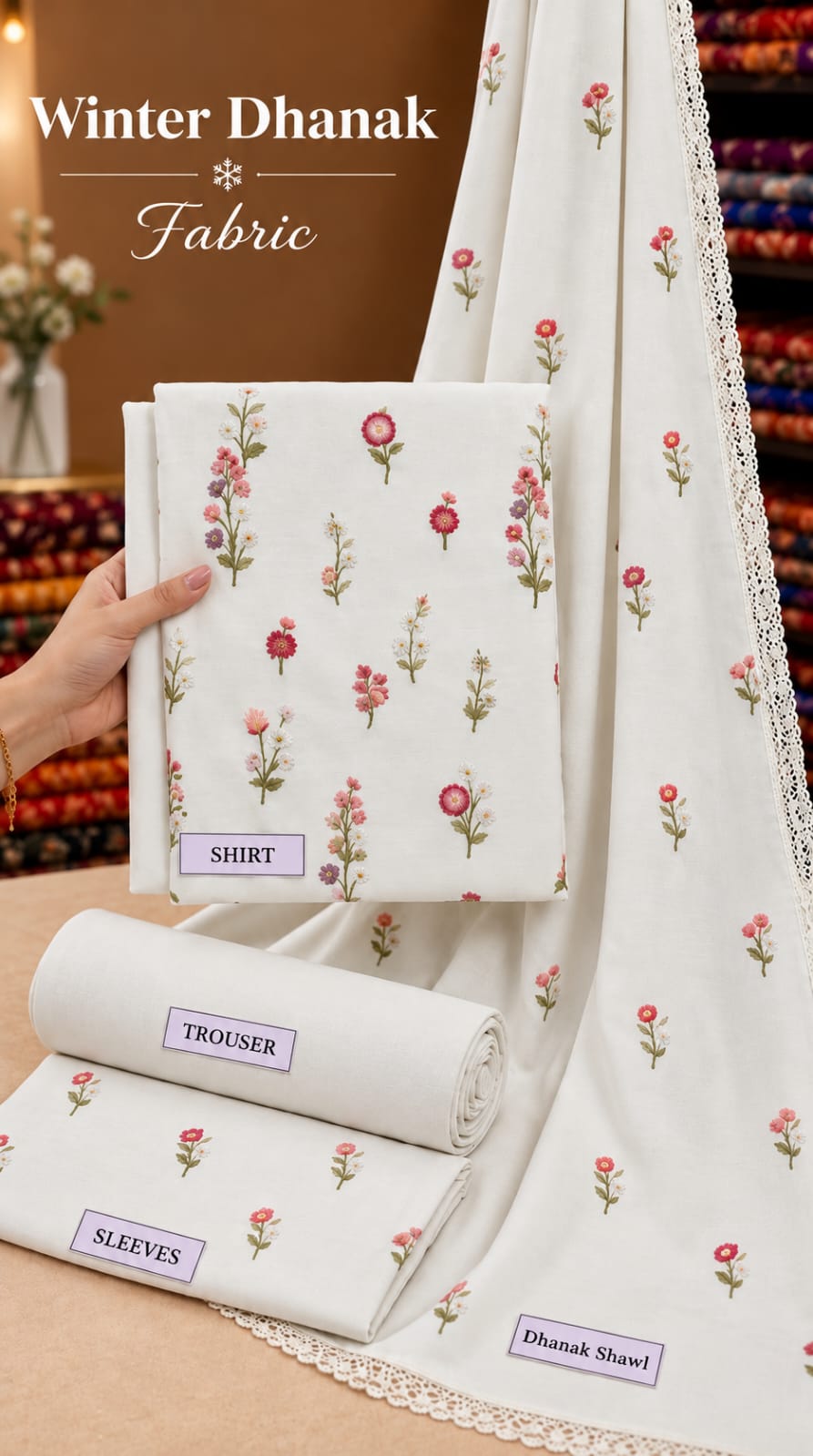 Indian Booti Dhanak Embroidered 3-Piece Un-Stiched (Snow White)