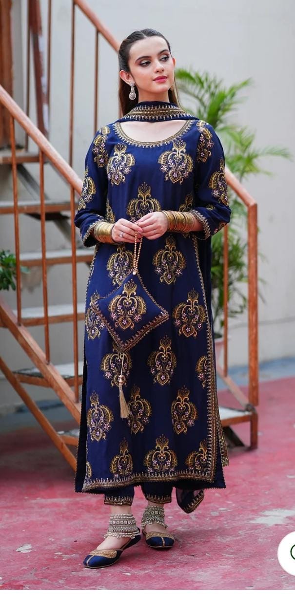 Navy Blue Embroidered 3PC Suit – Premium Festive Collection AJS-1029