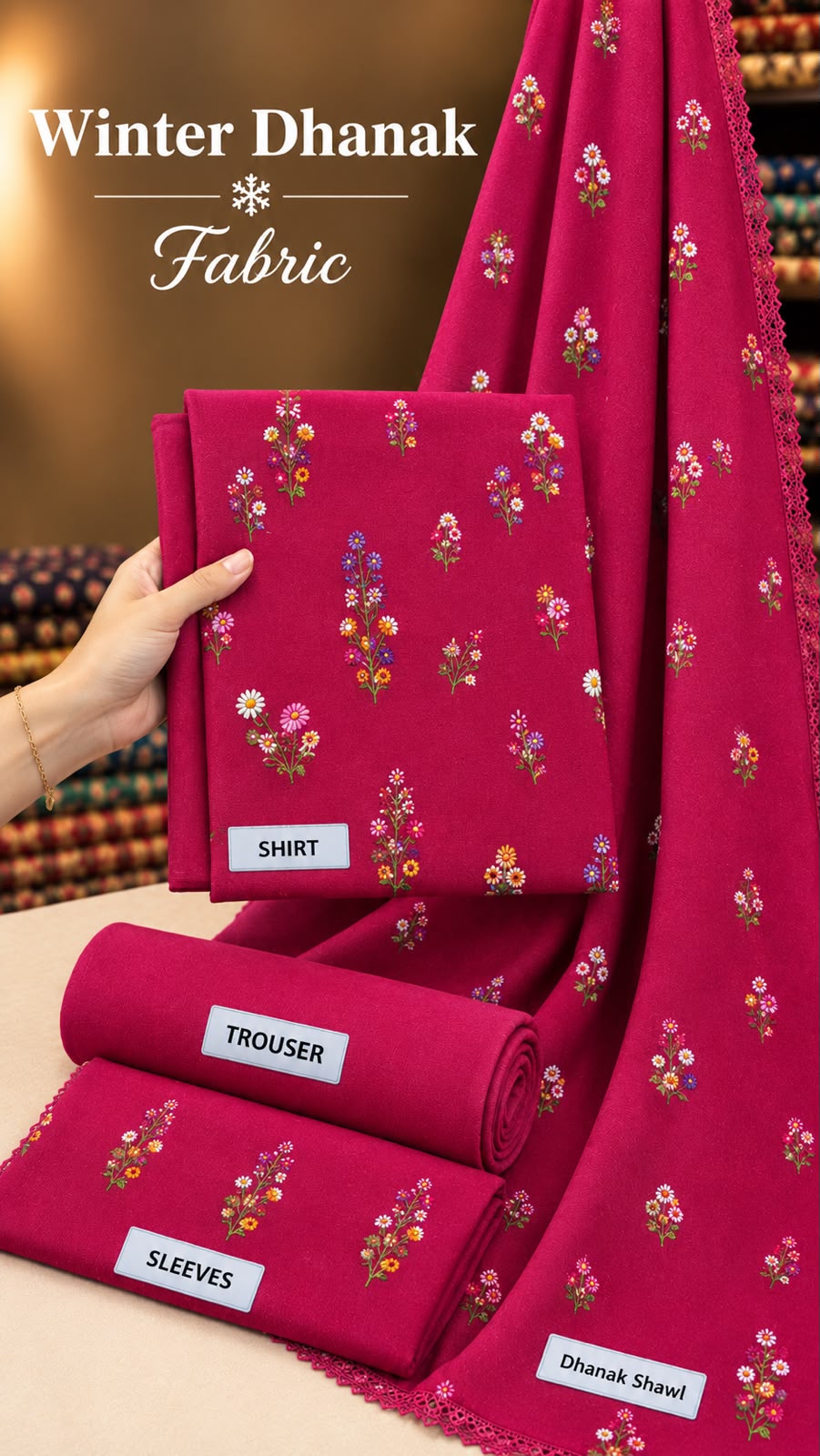Indian Booti Dhanak Embroidered 3-Piece Un-Stiched (Hot Pink)