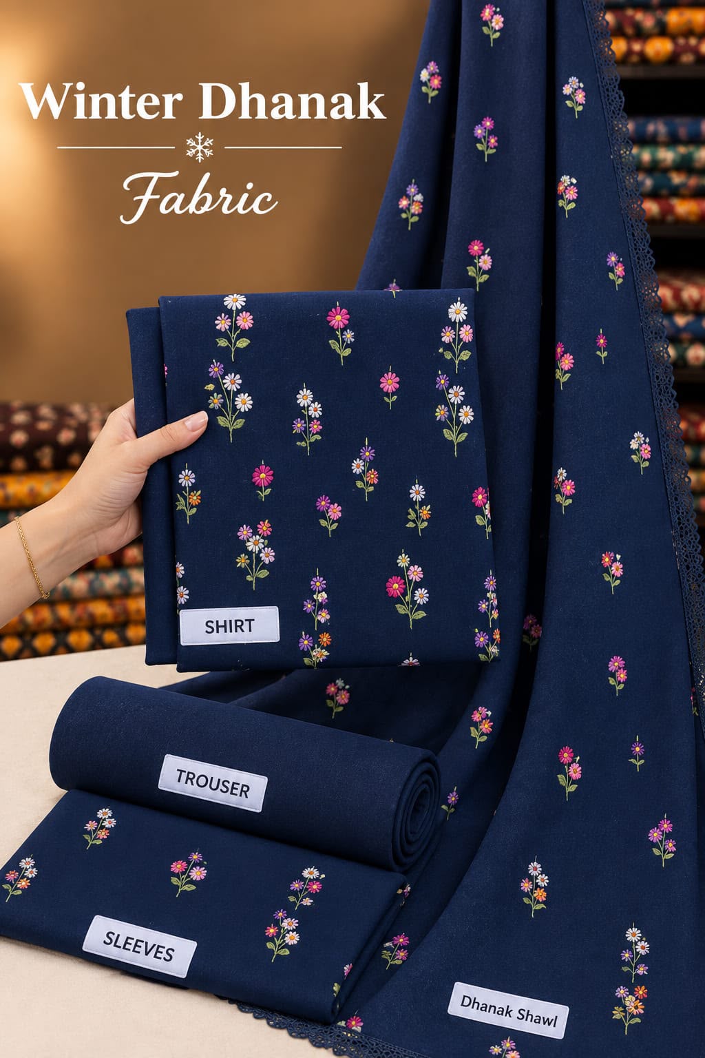 Indian Booti Dhanak Embroidered 3-Piece Un-Stiched (Navy Blue)