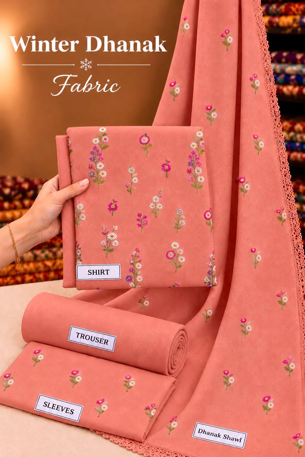 Indian Booti Dhanak Embroidered 3-Piece Un-Stiched (Peach)