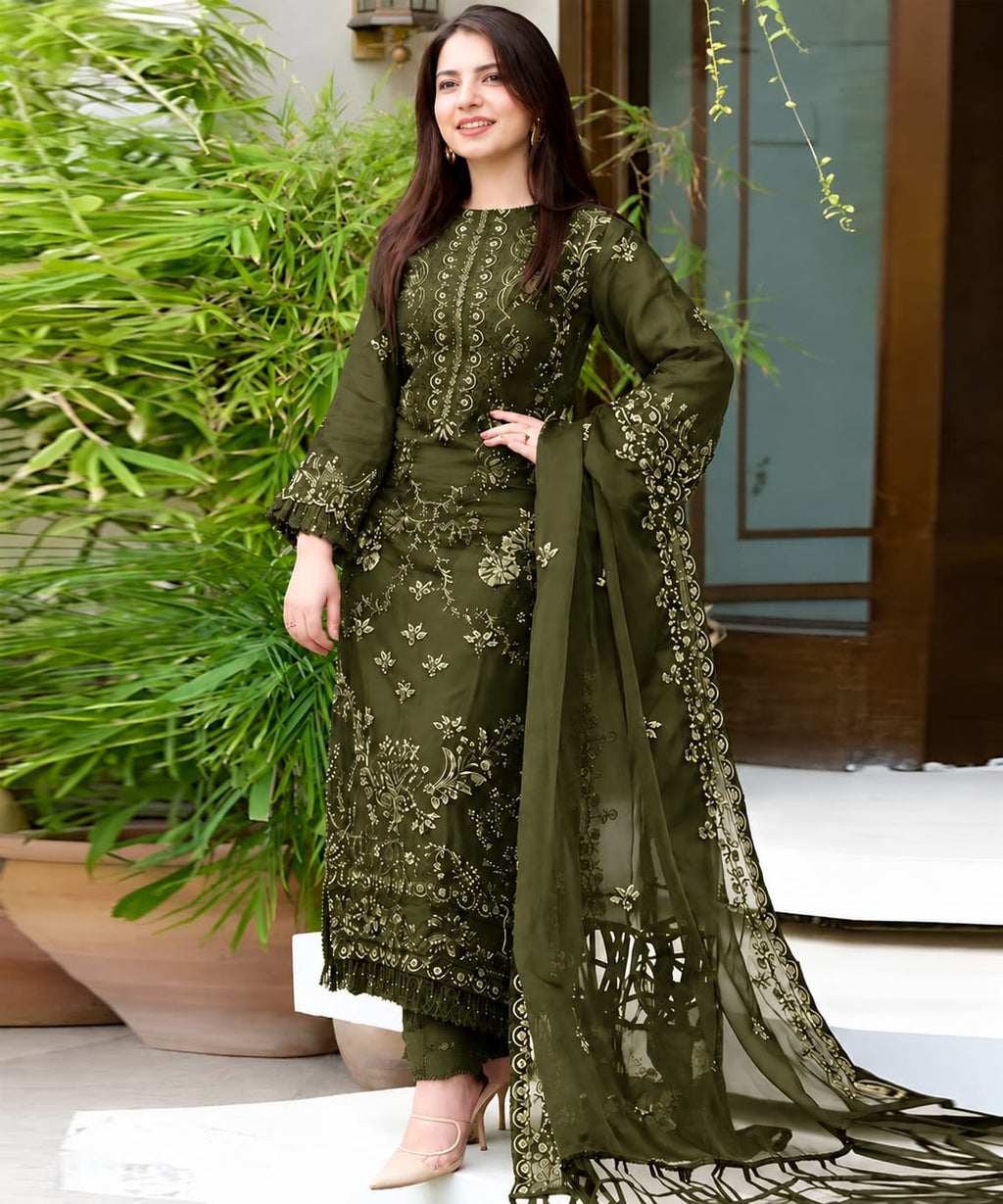 Dhanak Olive Green Embroidered 3PC Suit – Premium Festive Collection AJS-2122
