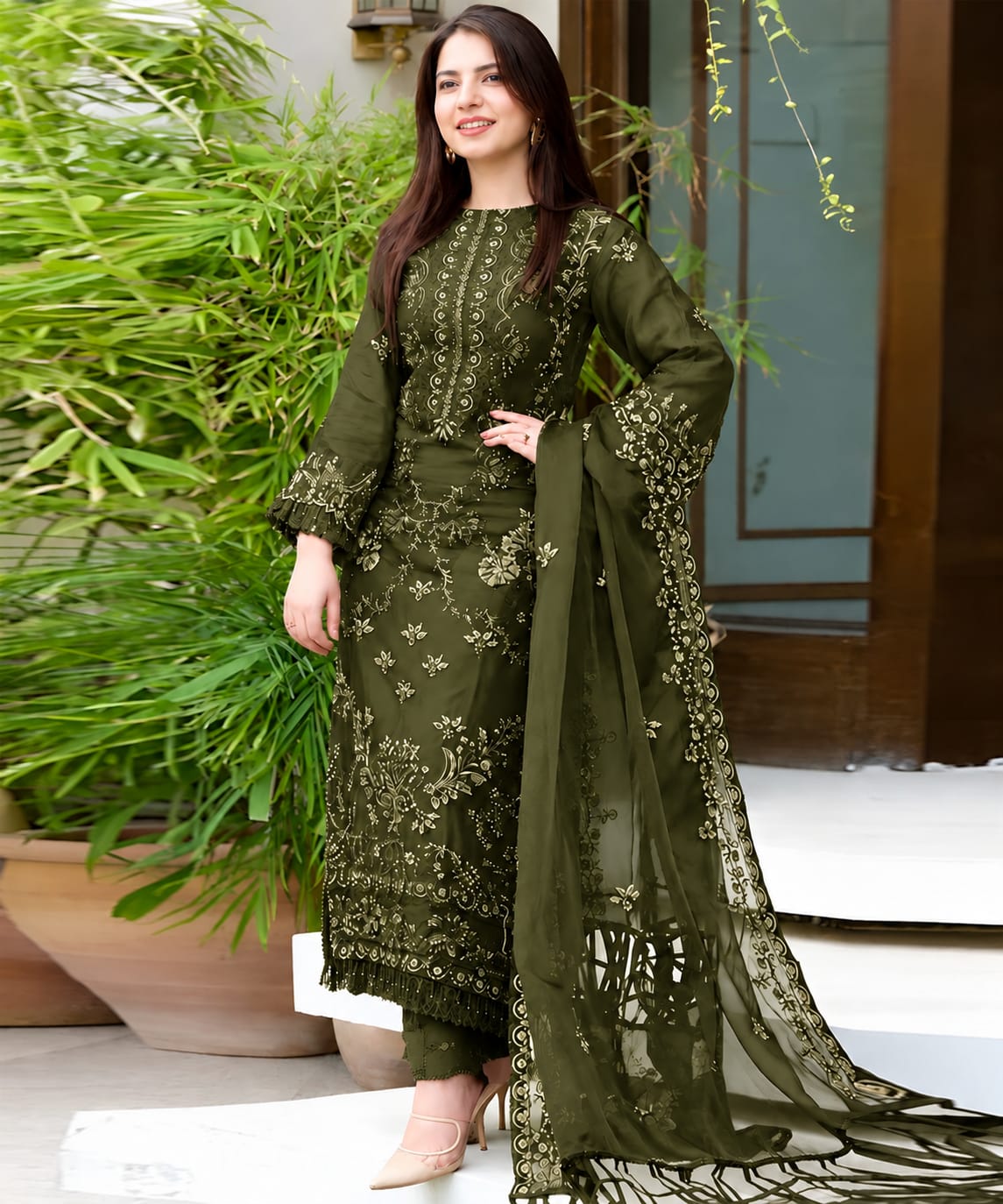 Dhanak Olive Green Embroidered 3PC Suit – Premium Festive Collection AJS-2122