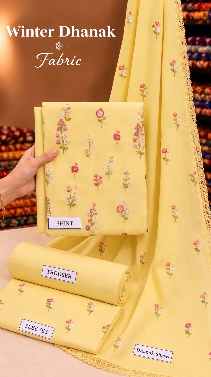 Indian Booti Dhanak Embroidered 3-Piece Un-Stiched (Yellow)