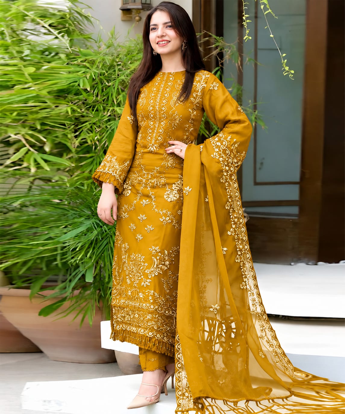 Dhanak Mustard Embroidered 3PC Suit – Premium Festive Collection AJS-2122
