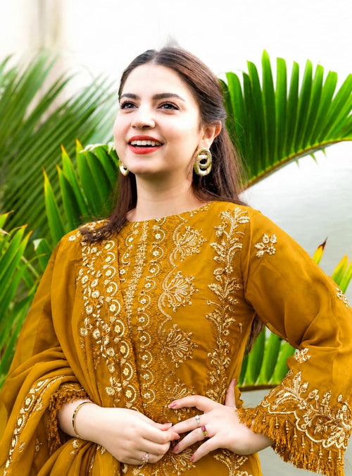 Dhanak Mustard Embroidered 3PC Suit – Premium Festive Collection AJS-2122