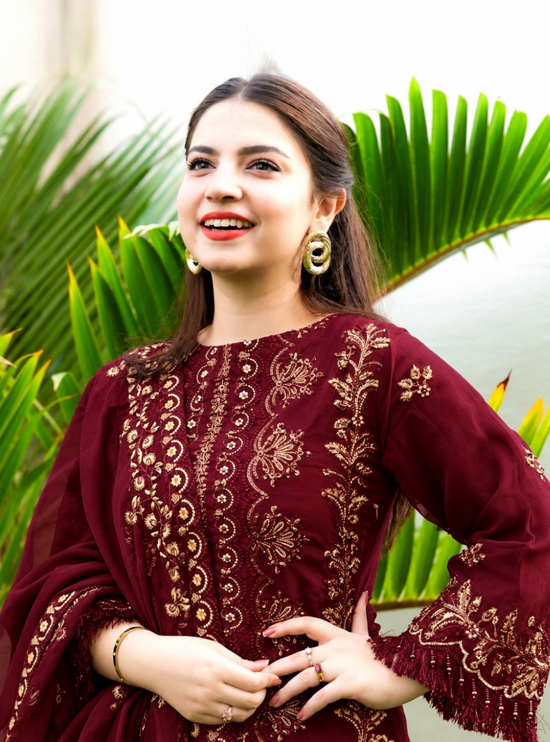 Dhanak Mehroon Embroidered 3PC Suit – Premium Festive Collection AJS-2123
